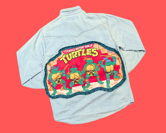 Handmade, Upcycled Teenage Mutant Ninja Turtles Pillow Case Denim Shirt/Jacket Size XL