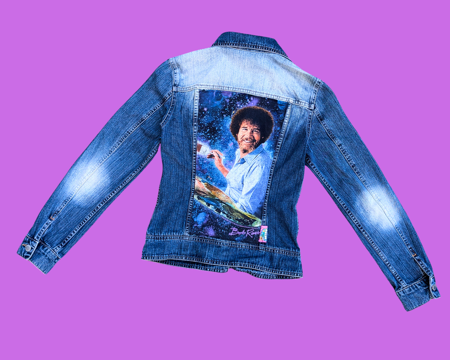 Handmade, Upcycled Bob Ross Denim Jacket Size XS