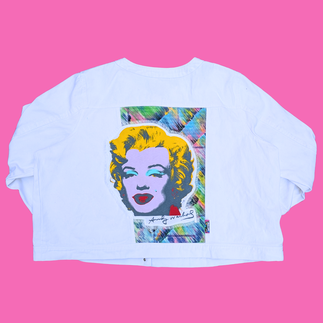 Andy Warhol's Marylin Monroe Upcycled T-Shirt White Denim Jacket Size 3XL
