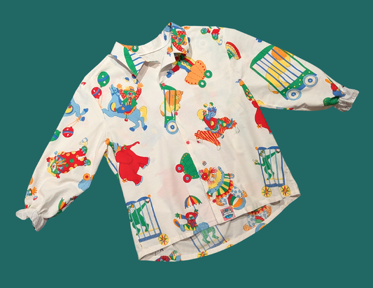 Handmade, Upcycled Vintage Clowns Bedsheet Mid-Length Sleeve Button Down T-Shirt L