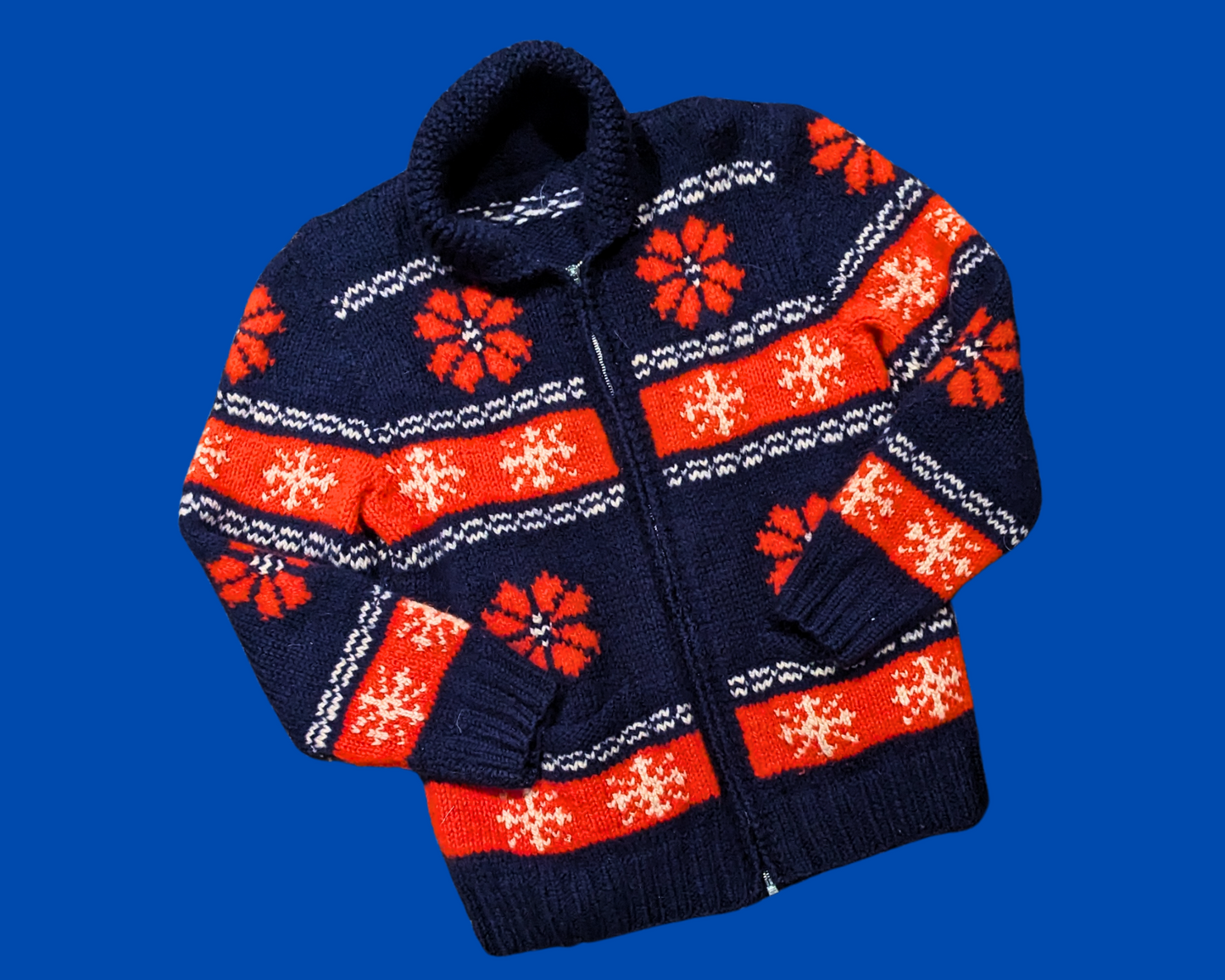 Vintage 1970's Blue and Red Wool Cardigan Size S