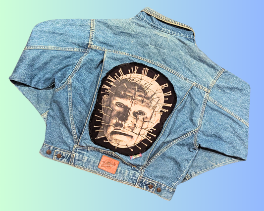 Handmade, Upcycled Hellraiser Denim Jacket Size L
