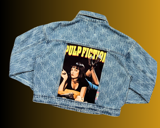 Handmade, Upcycled Pulp Fiction Denim Jacket Size 38 (M)