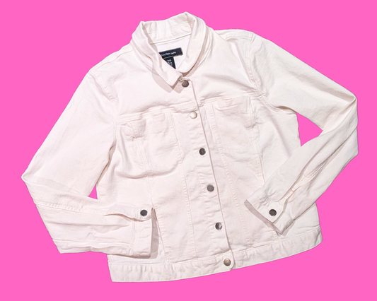 Handmade, Upcycled White Denim Calvin Klein Jacket with Piggies Embroidered Patch on the Back ''It's Not Fat, Just More To Love'' Size XL (Fits Smaller)