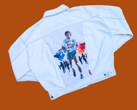 Handmade, Upcycled Terry Fox White Denim Jacket Size L