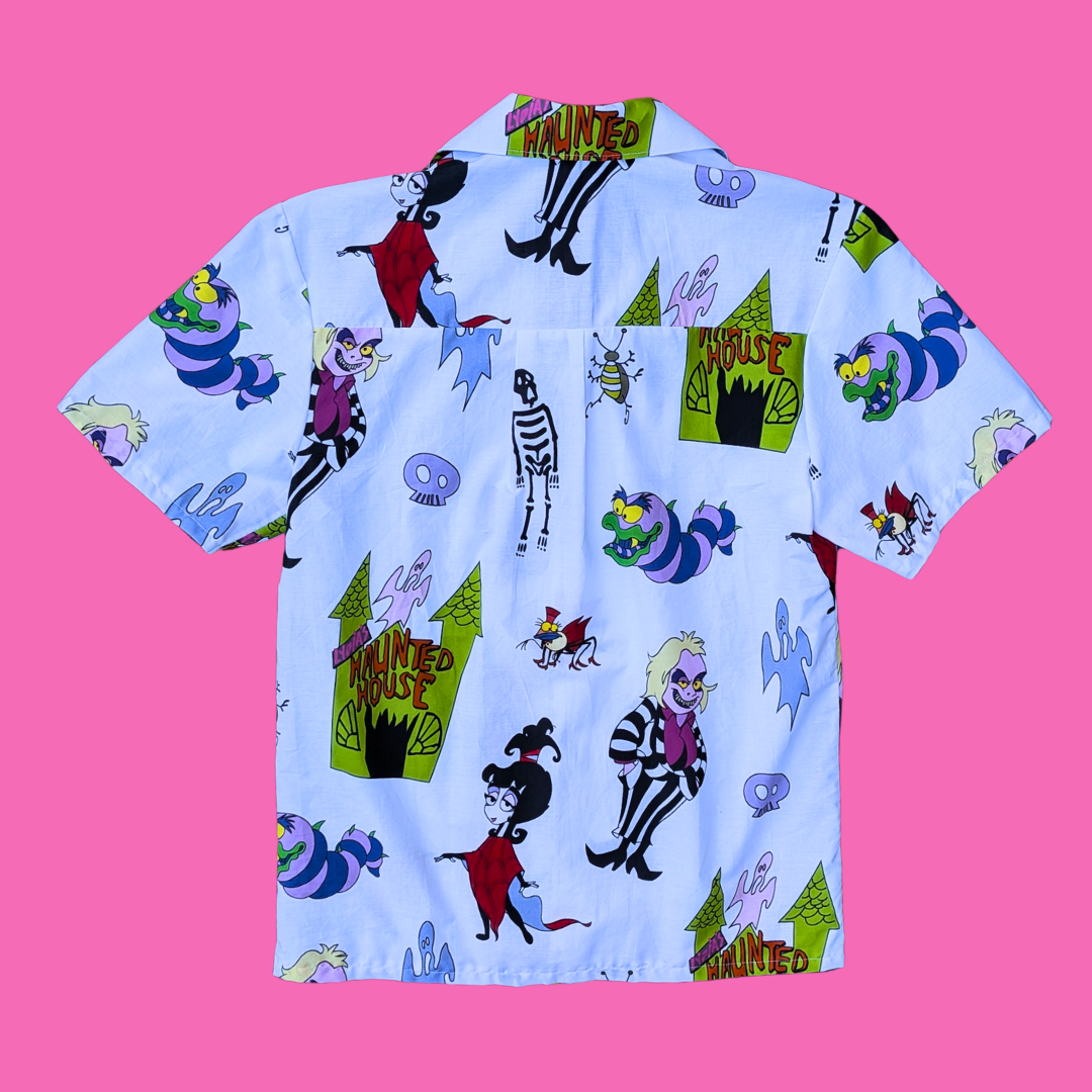 Handmade, Upcycled Beetlejuice Bedsheet Button Down Shirt Size XS