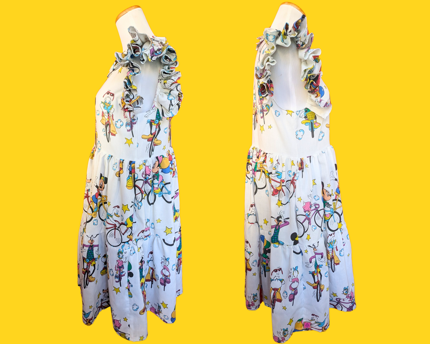 Handmade, Upcycled Vintage 1990's Walt Disney Mickey Mouse and Friends on Bicycles Bedsheet Dress Size S