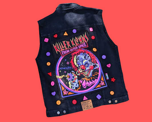 Handmade, Upcycled Killer Klowns From Outer Space T-Shirt Black Sleeveless Denim Jacket Size L