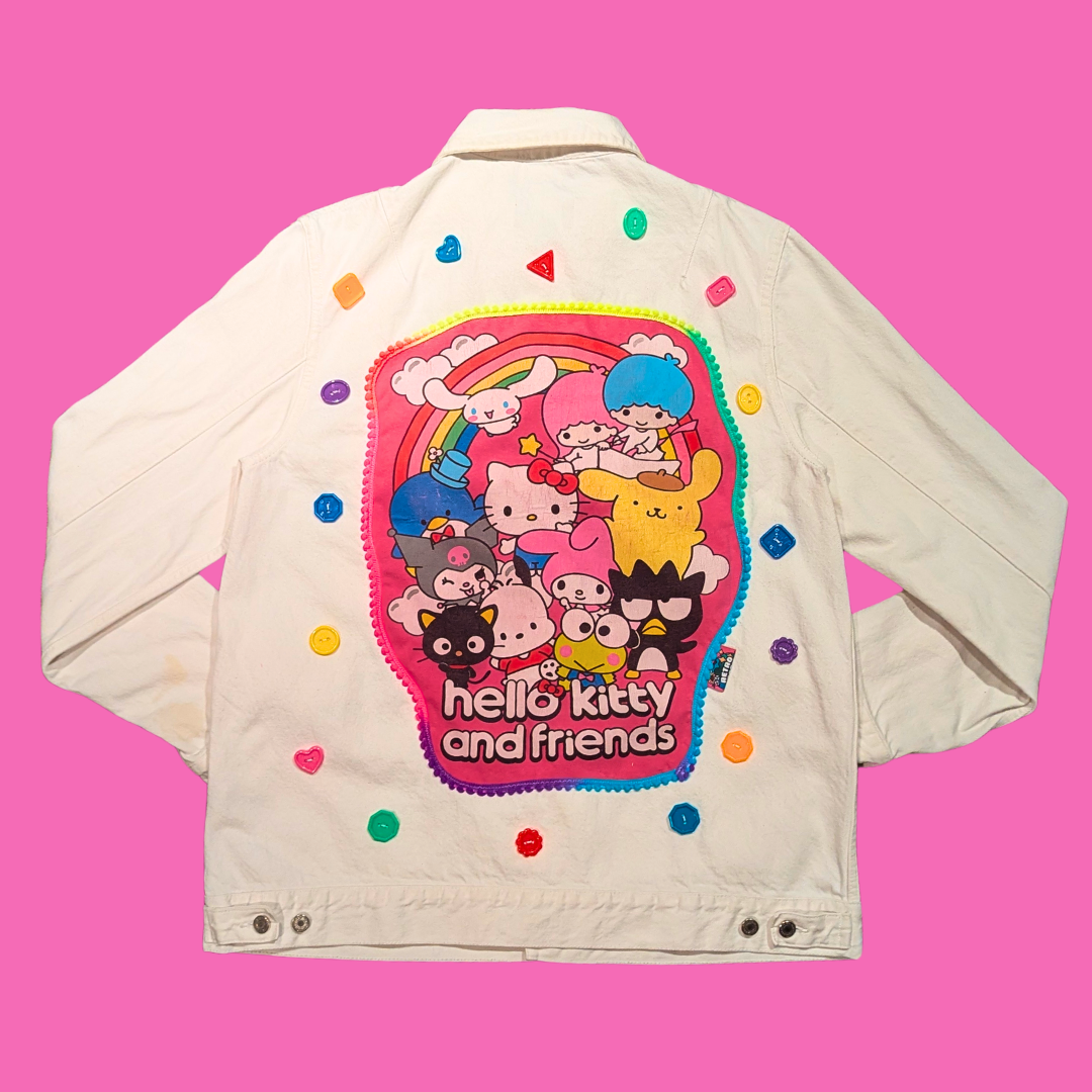 Hello Kitty and Friends Upcycled T-Shirt Denim Jacket Size XL