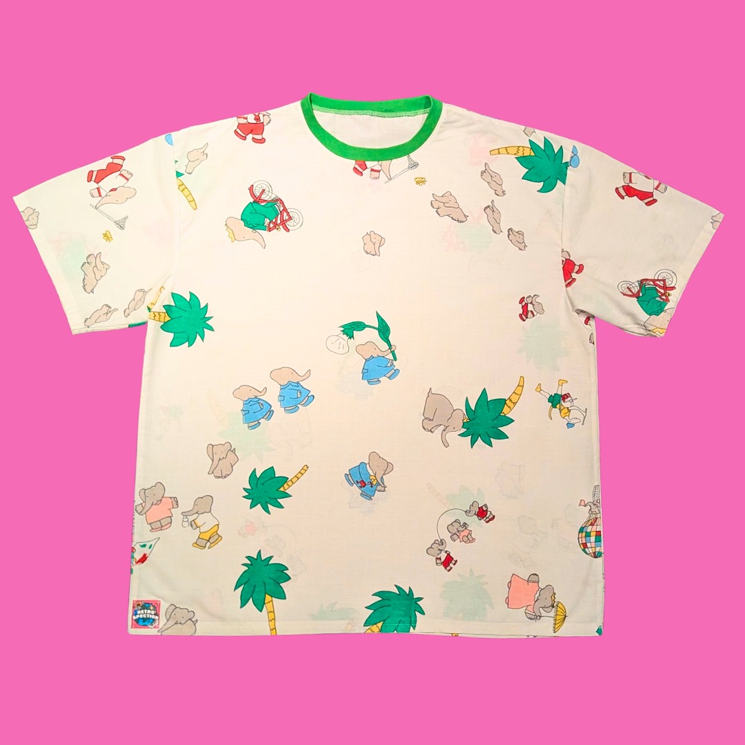 Handmade, Upcycled Babar Bedsheet T-Shirt Oversized L-XL, Fitted 2XL