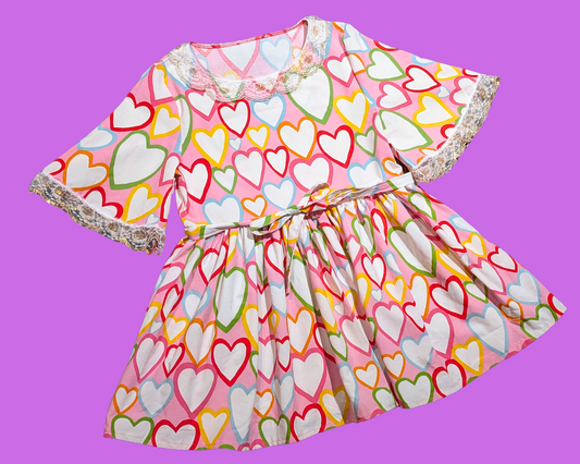 Handmade, Upcycled Rainbow Hearts Bedsheet Dress Fits Size S