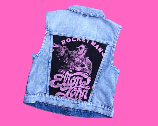 Veste/gilet en jean Elton John, Rocket Man fait main et recyclé, taille L
