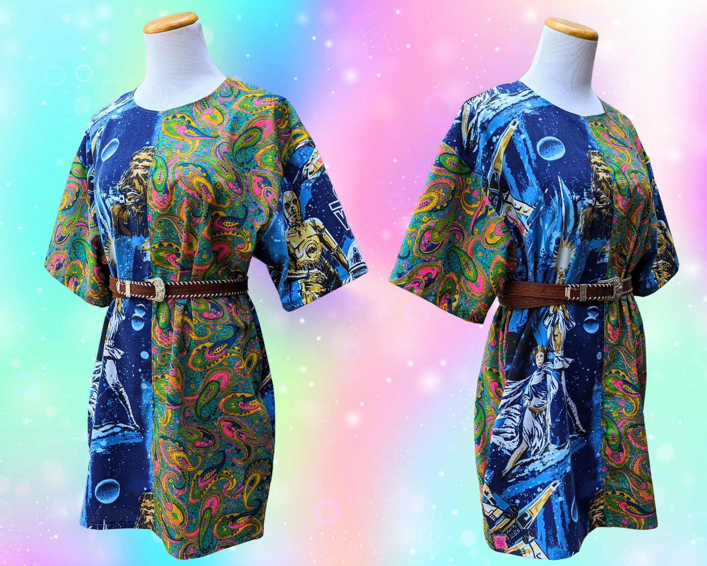 Handmade, Upcycled Star Wars Bedsheet + Groovy 1960's Fabric T-Shirt Dress Fits S-M