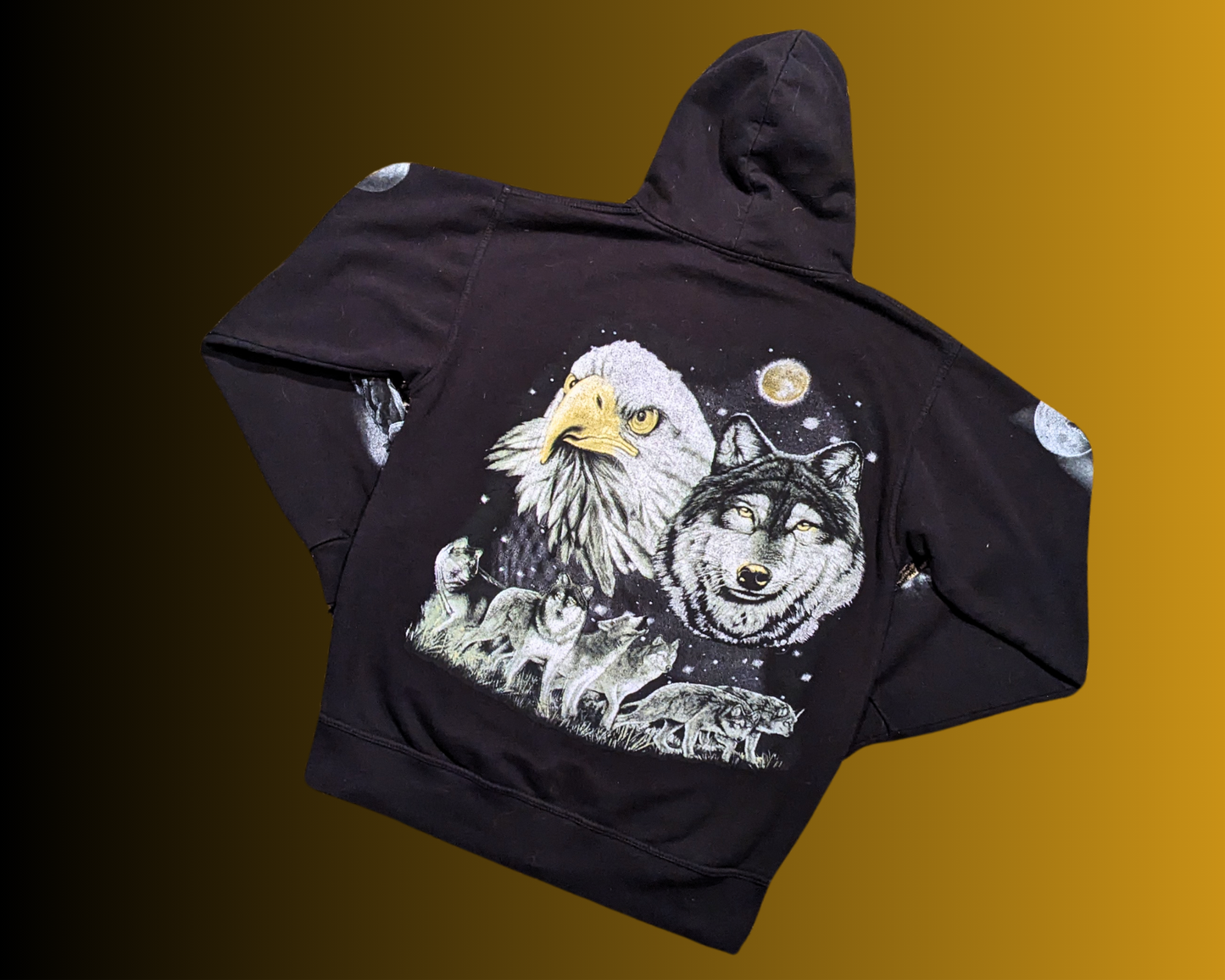 Vintage 1990's Black Hoodie with Wolves and Eagles Size M