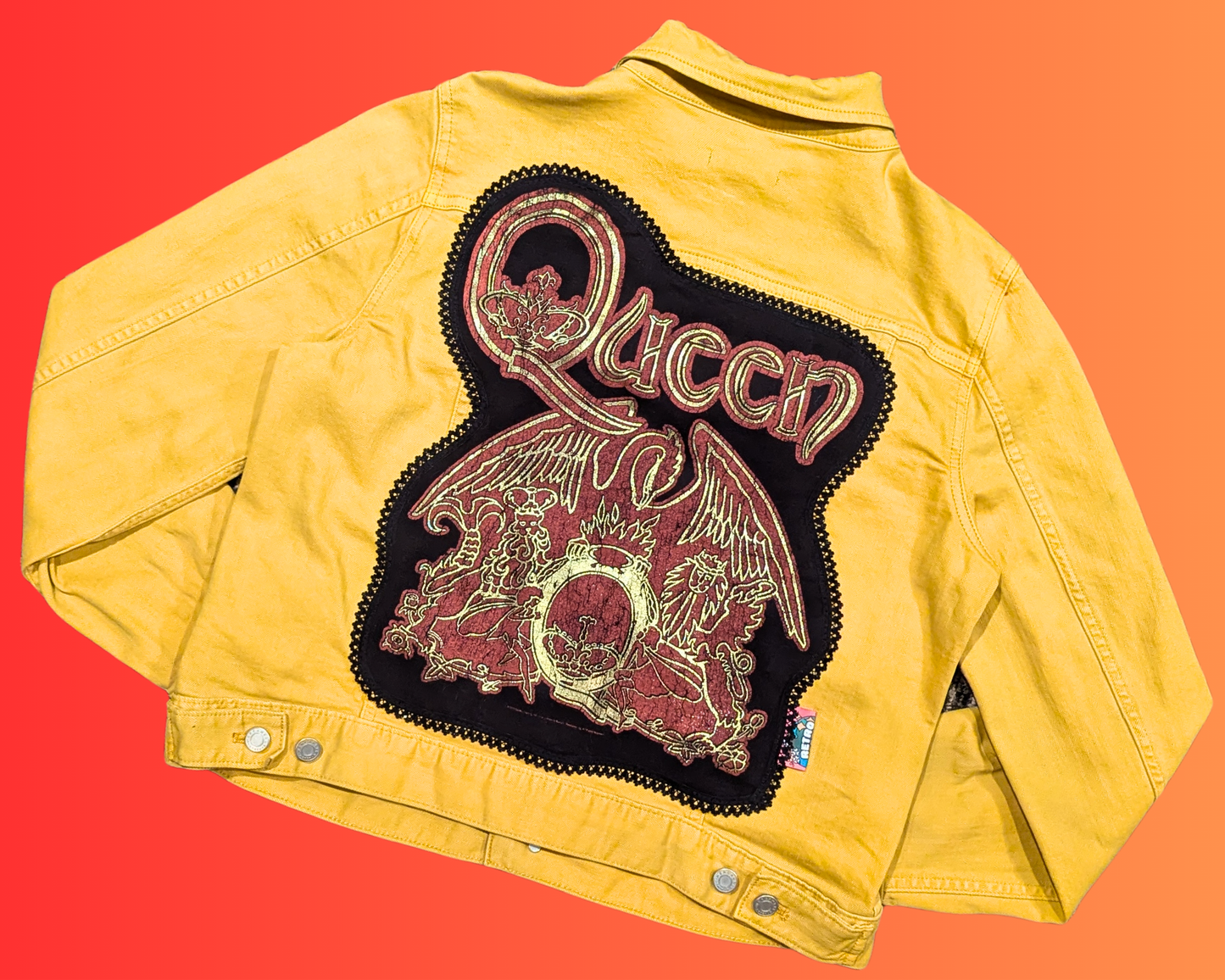 Veste en jean jaune Queen recyclée et faite à la main, taille M