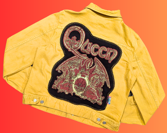 Veste en jean jaune Queen recyclée et faite à la main, taille M