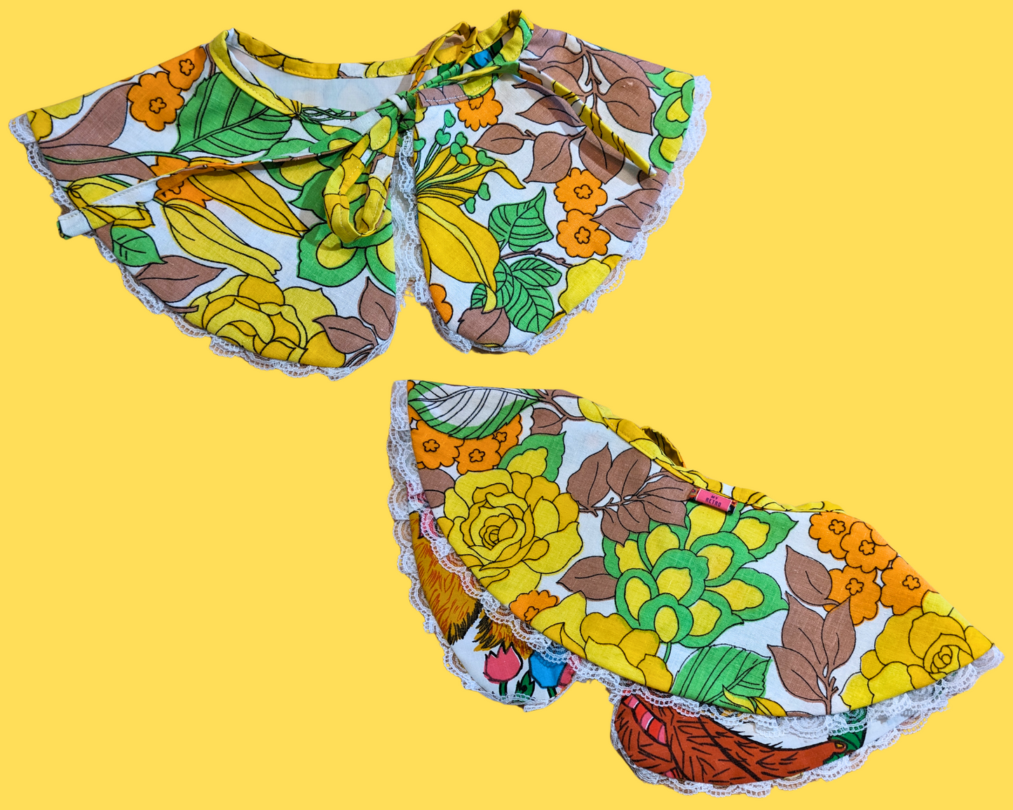 Handmade, Upcycled, Reversible Pilgrim Collar with Lace Frill Made With Groovy Animals Bedsheets