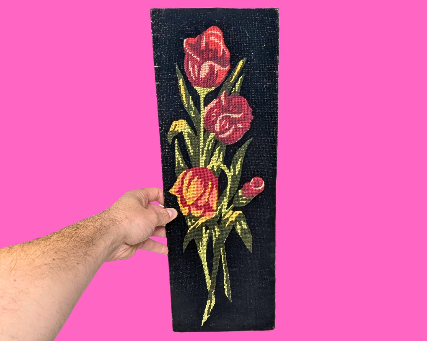 Broderie vintage en velours noir, motif floral, années 1970, sans cadre