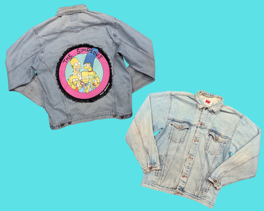 Handmade, Upcycled Denim Jacket with a Simpson T-Shirt Size S for Men