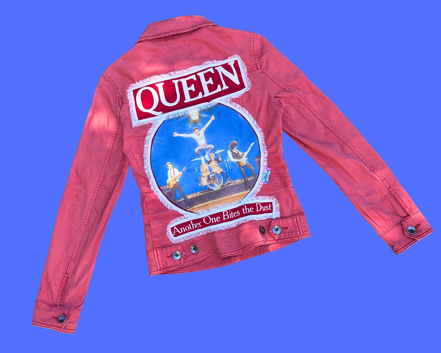Handmade, Upcycled Queen Another One Bites The Dust Red Denim Jacket Size S (EU 36)