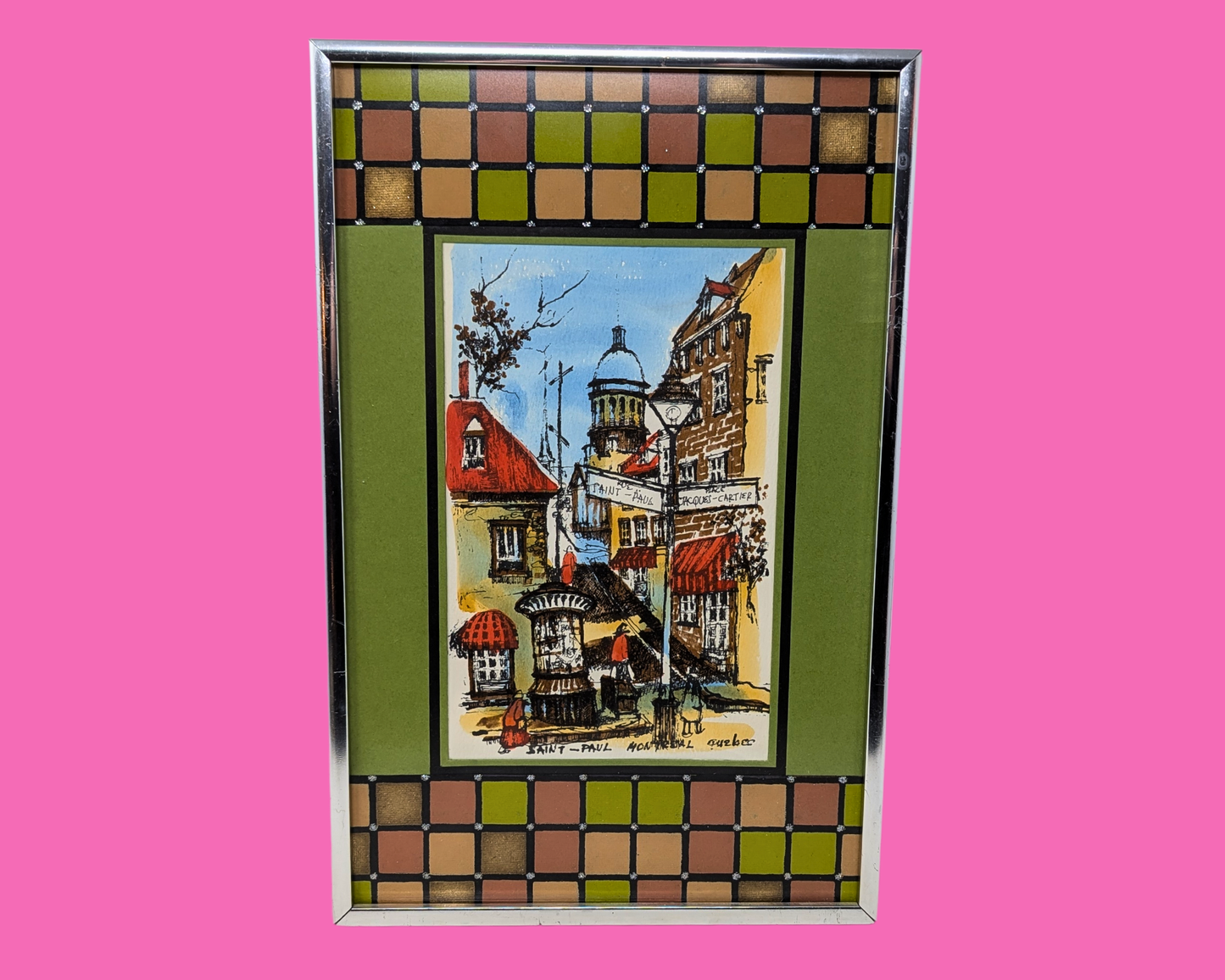 Vintage 1980's Hand Painted, Framed Illustrations of Montreal's Old Port