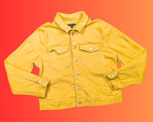 Veste en jean jaune Queen recyclée et faite à la main, taille M