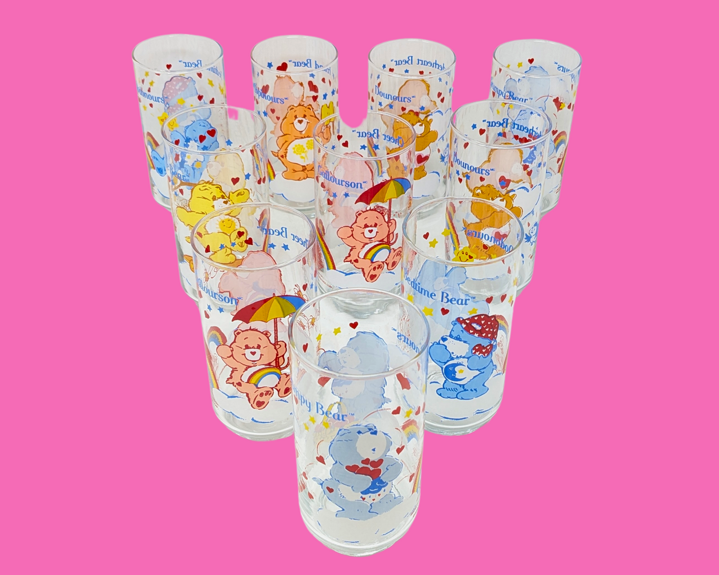 Vintage 1980's Set of 10 Collectible Carebears Glasses