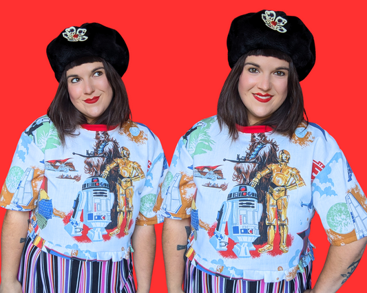 Haut court surdimensionné en drap de lit vintage Star Wars L'Empire contre-attaque et le retour du Jedi, fait à la main et recyclé, taille XS - Convient comme une taille M