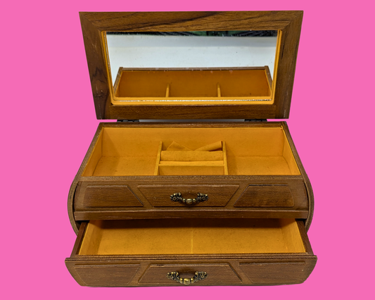Coffret à bijoux en bois vintage des années 1970 avec miroir