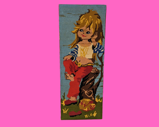 Broderie vintage des années 1970, petite fille blonde, sans cadre