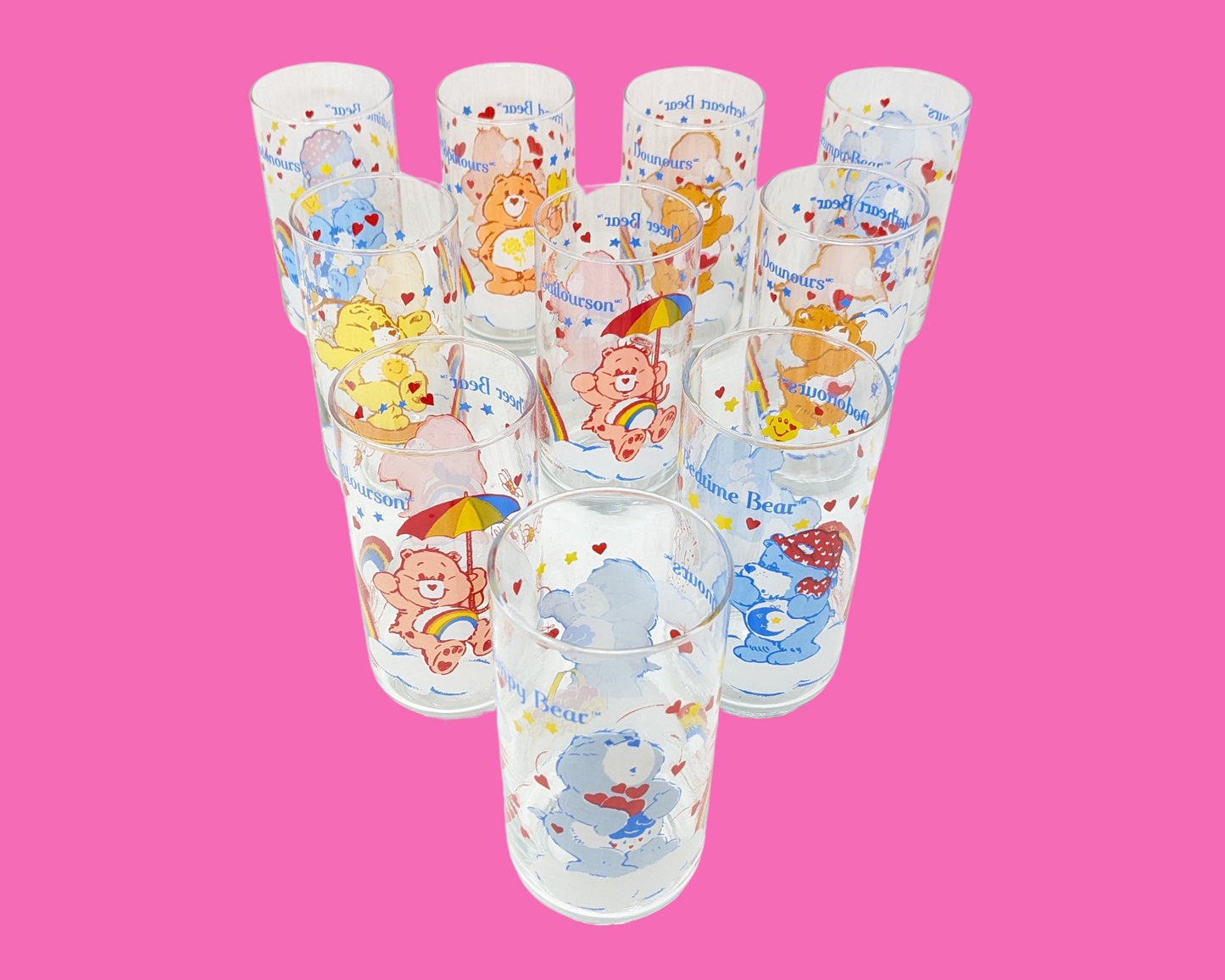 Vintage 1980's Set of 10 Collectible Carebears Glasses