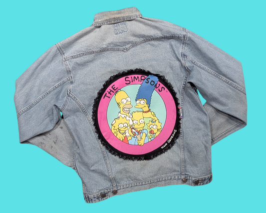 Handmade, Upcycled Denim Jacket with a Simpson T-Shirt Size S for Men