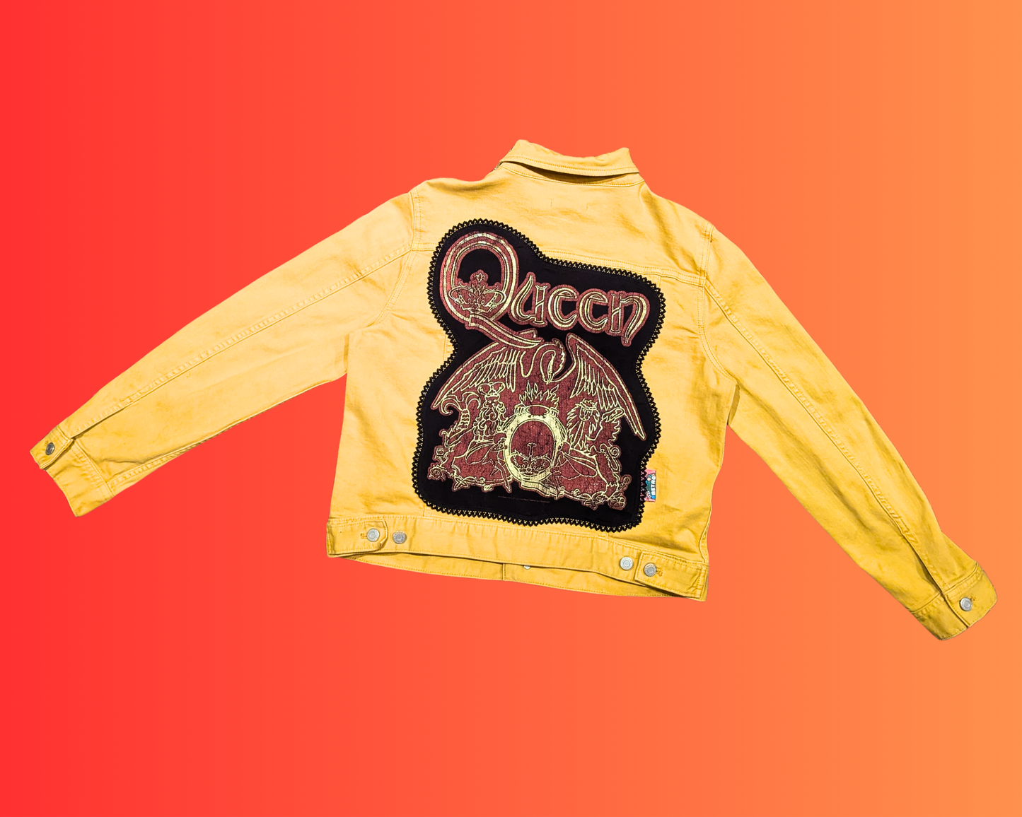 Veste en jean jaune Queen recyclée et faite à la main, taille M