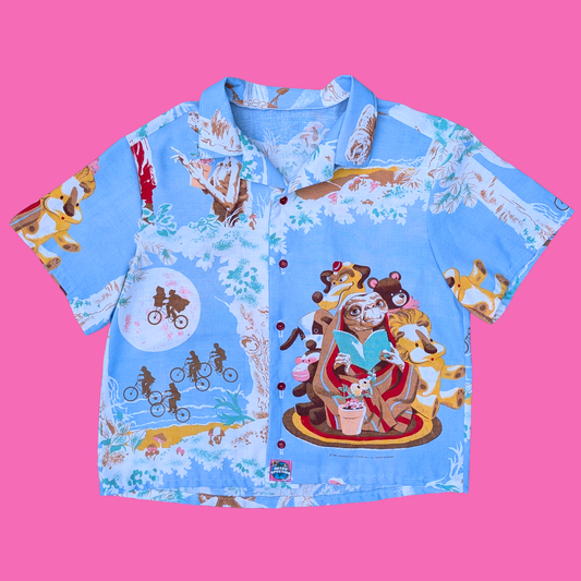 Handmade, Upcycled E.T The Extra Terrestrial Bedsheet Button Down Shirt Size XL