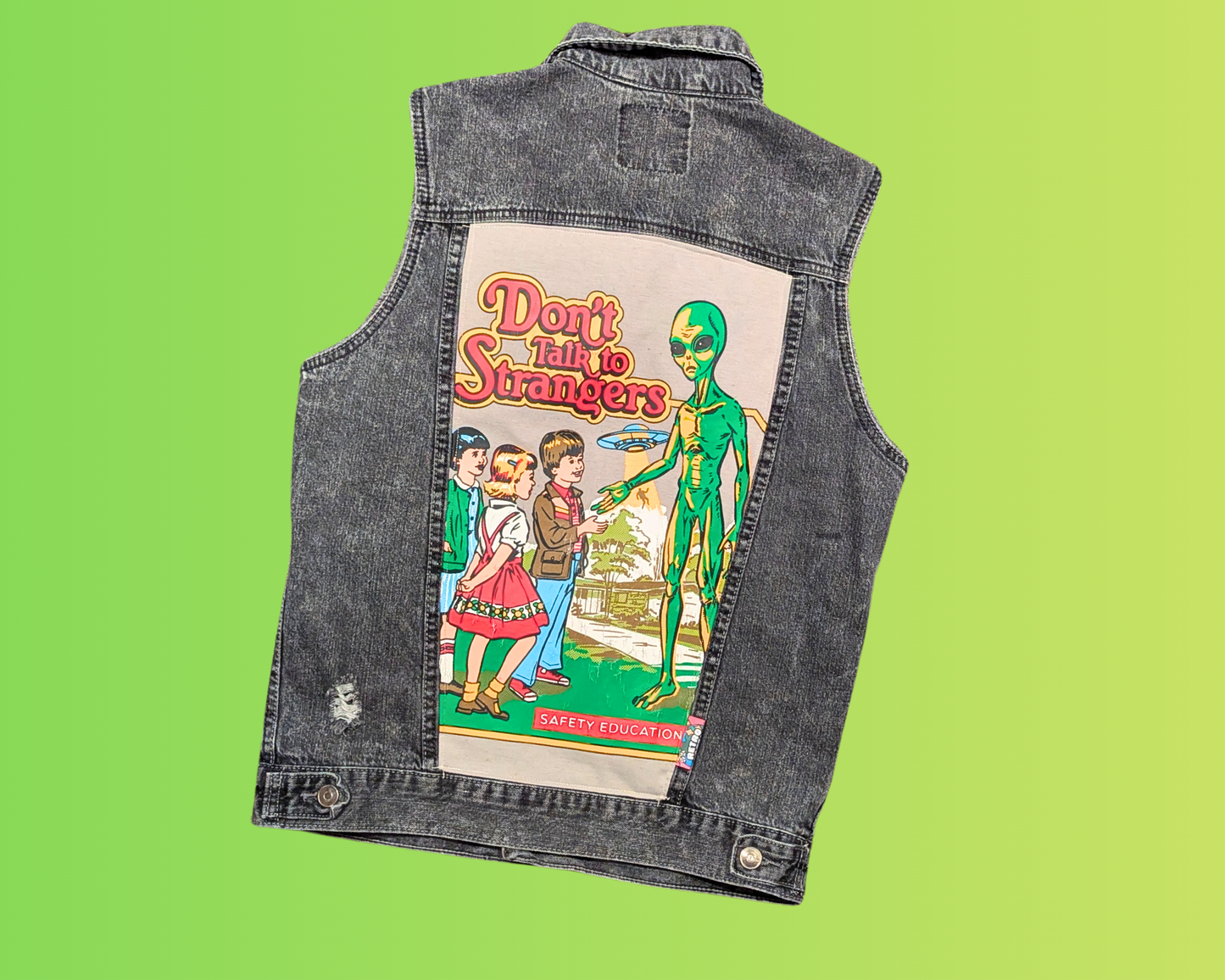 Handmade, Upcycled Black Steven Rhodes, Don't Talk to Strangers Vest/Jacket Size M