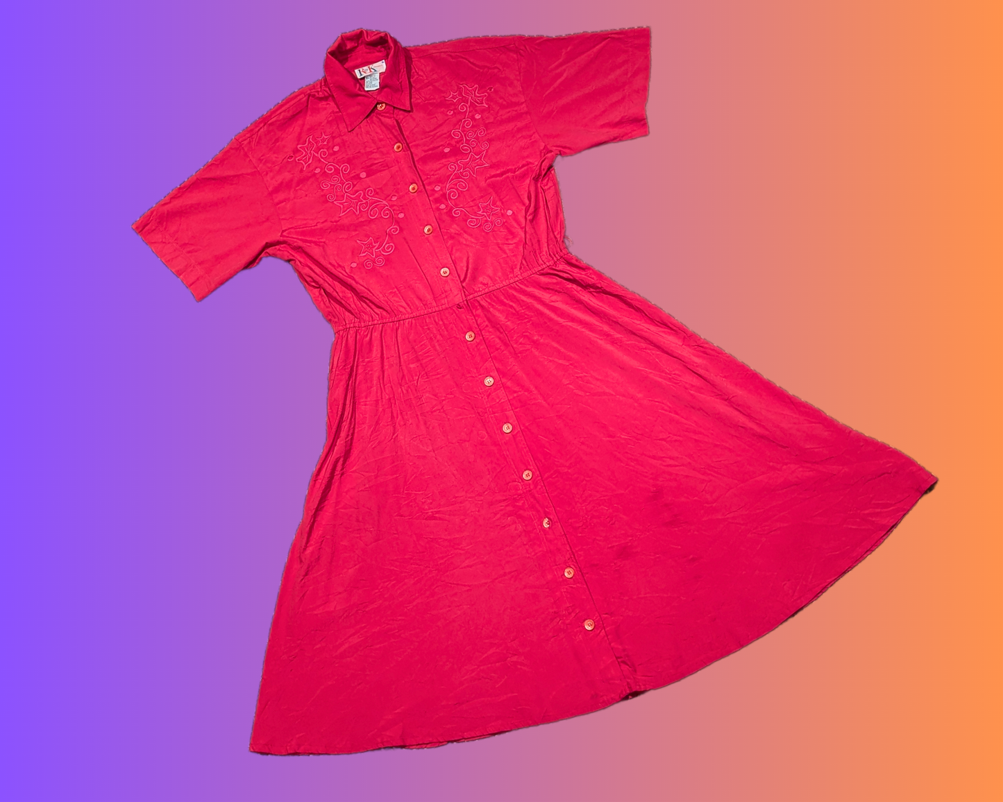 Vintage 1990's Warm Pink, Light Dress, With Stars Embroidery Size M