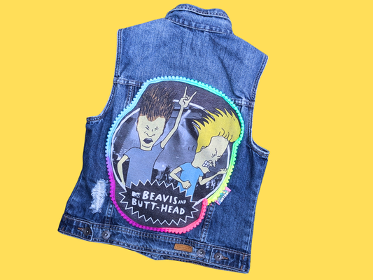 Handmade, Upcycled MTV Beavis and Butt-Head Vest Jacket Size S