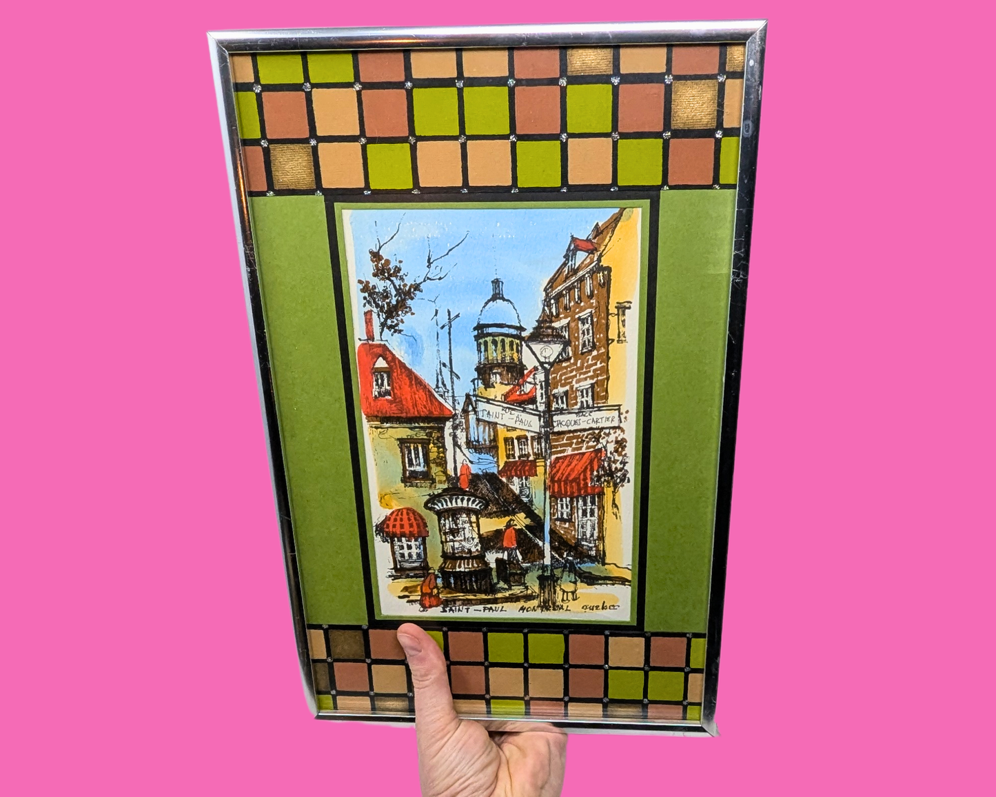 Vintage 1980's Hand Painted, Framed Illustrations of Montreal's Old Port