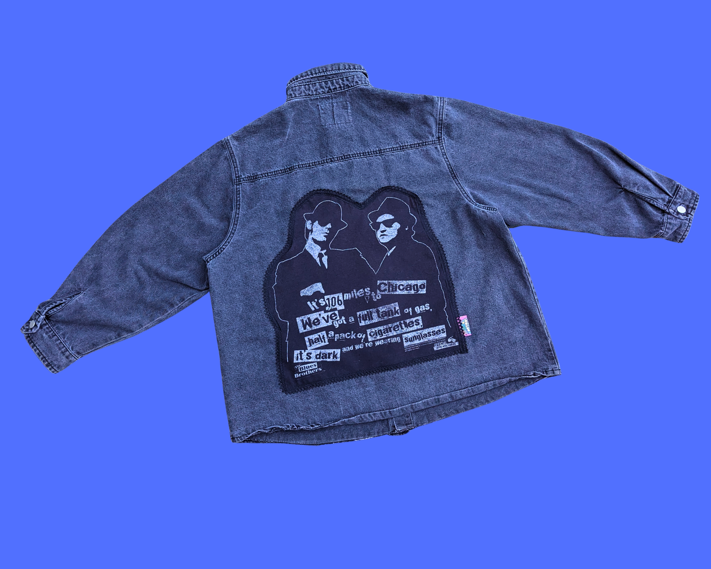 Veste en jean noire The Blues Brothers, fabriquée à la main et recyclée, taille S