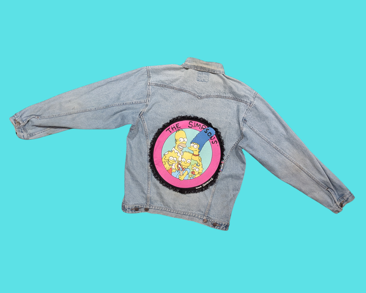 Handmade, Upcycled Denim Jacket with a Simpson T-Shirt Size S for Men