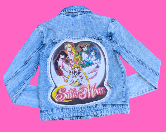 Handmade, Upcycled Sailor Moon Denim Jacket Size XS