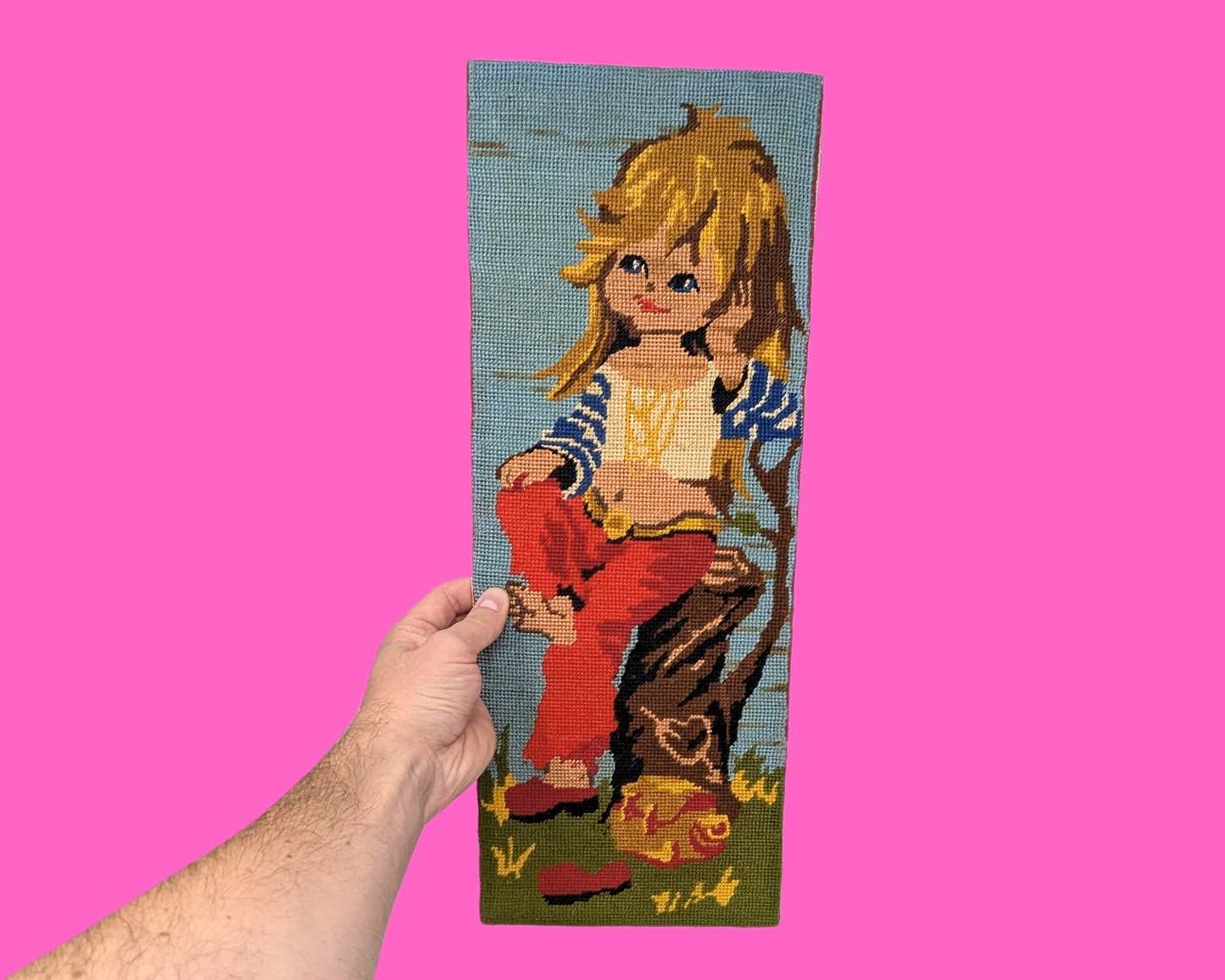 Broderie vintage des années 1970, petite fille blonde, sans cadre