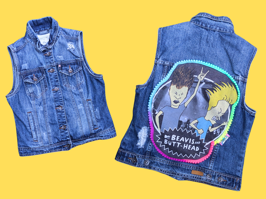 Handmade, Upcycled MTV Beavis and Butt-Head Vest Jacket Size S