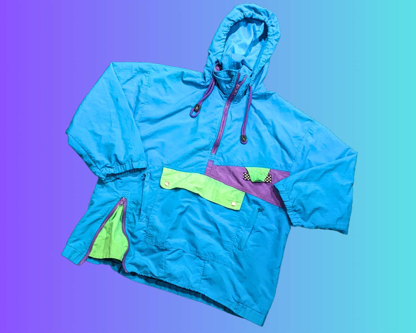 Vintage 1990's Bright Blue and Green Windbreaker Jacket Size L