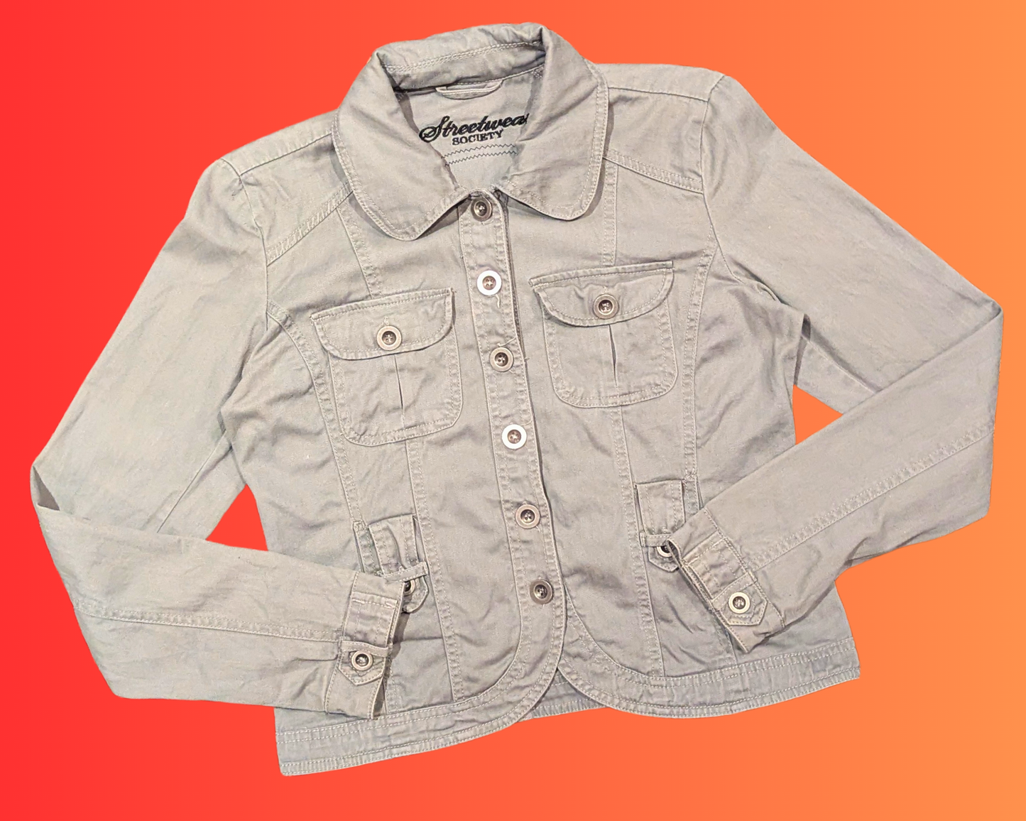 Handmade, Upcycled Gray, Jurassic Park Denim Jacket Size M