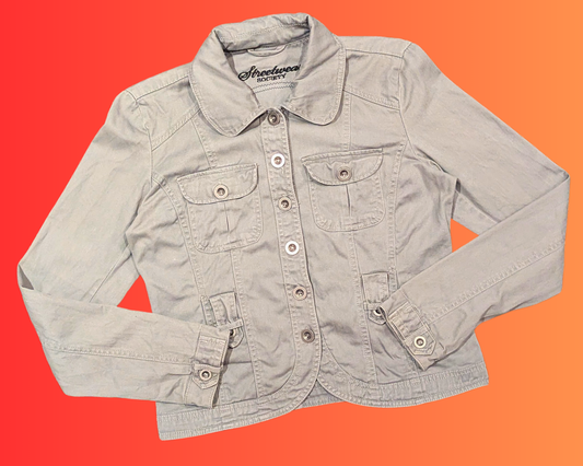 Handmade, Upcycled Gray, Jurassic Park Denim Jacket Size M