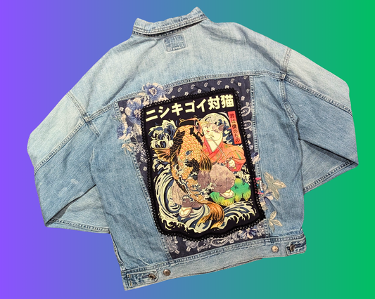 Handmade, Upcycled Japanese Design, Cat Fighting Fish, Denim Jacket Size XS
