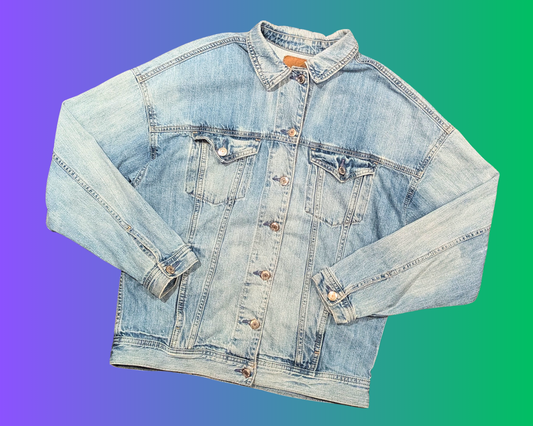 Handmade, Upcycled Japanese Design, Cat Fighting Fish, Denim Jacket Size XS