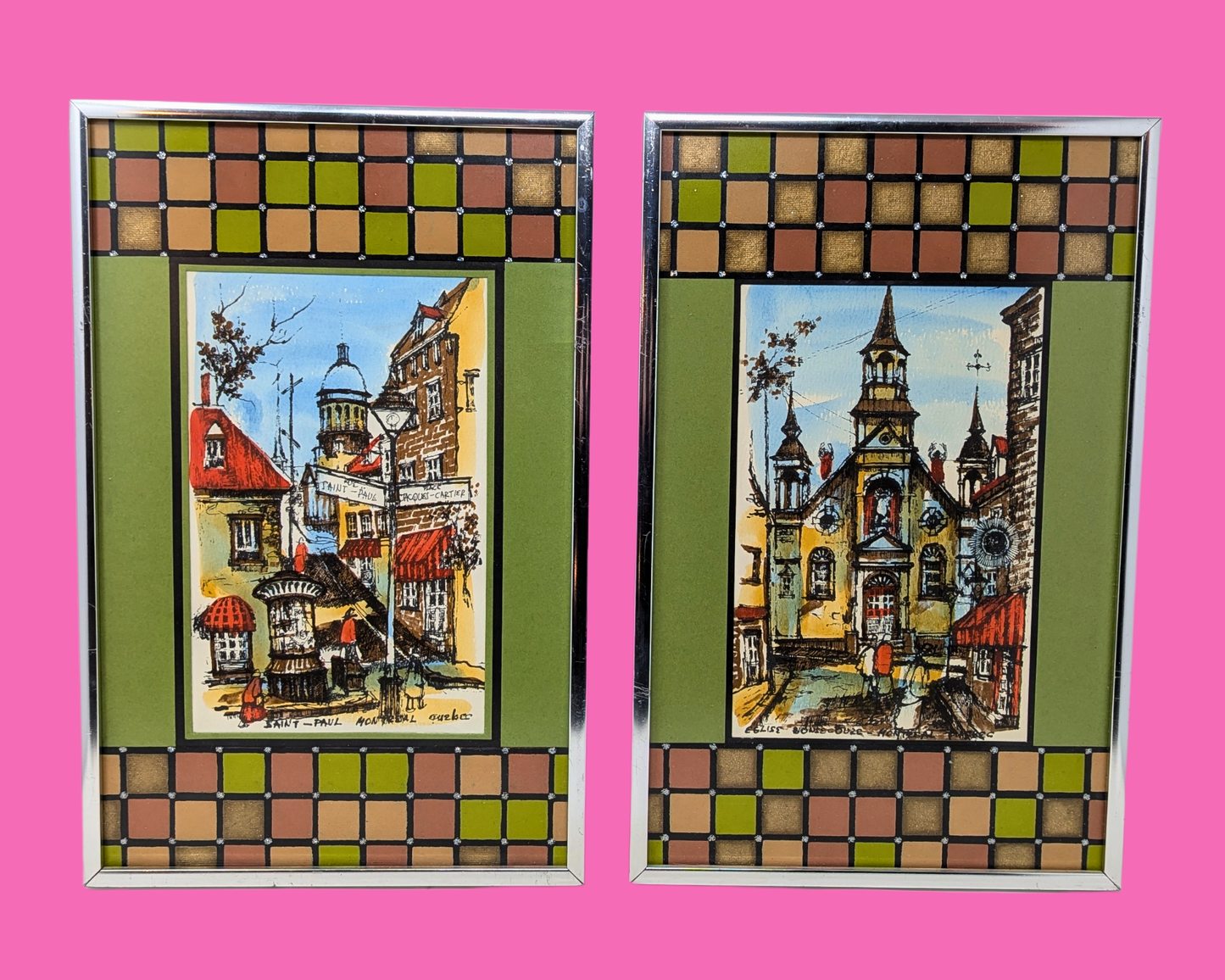 Vintage 1980's Hand Painted, Framed Illustrations of Montreal's Old Port
