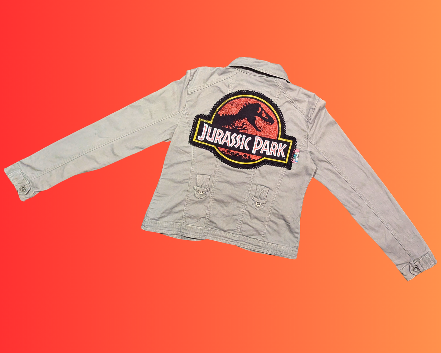 Handmade, Upcycled Gray, Jurassic Park Denim Jacket Size M